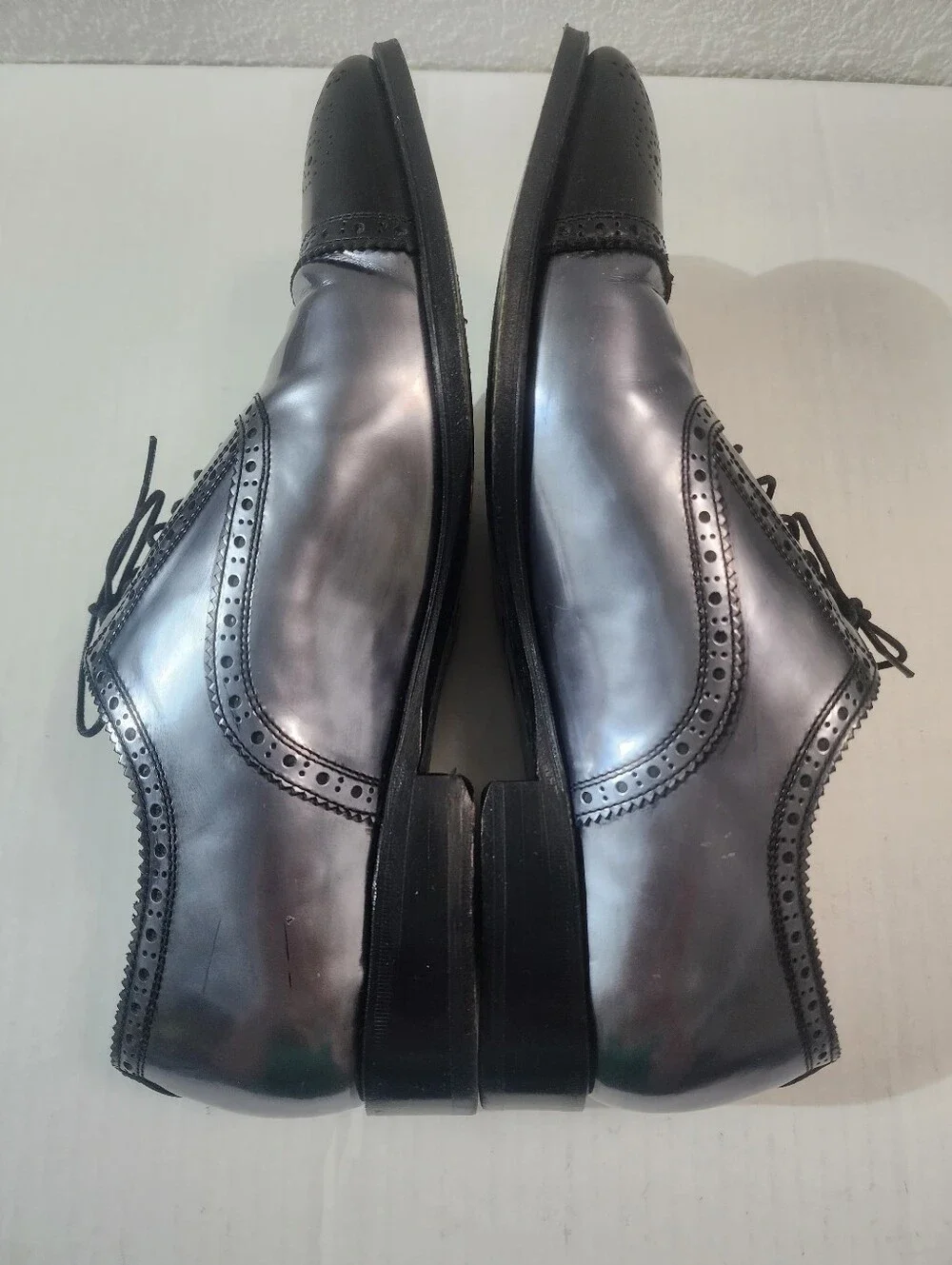 John Fluevog Brandenburg Metallic Black Leather Dress Brogue Oxford Shoes 11